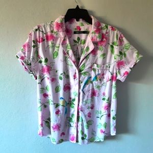 Lauren by Ralph Lauren Short Sleeve Button Down Pink Floral Blouse